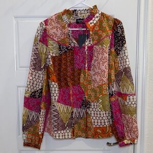 Fate Patchwork Print Blouse Boho Multicolor Long Sleeve Button Front Top Small